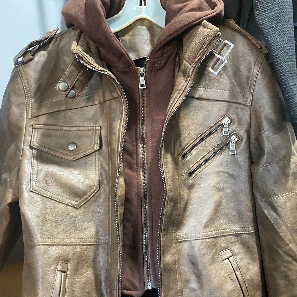 VILLAIN LEATHER-LIKE CYCLE JACKET, SMALL BROWN